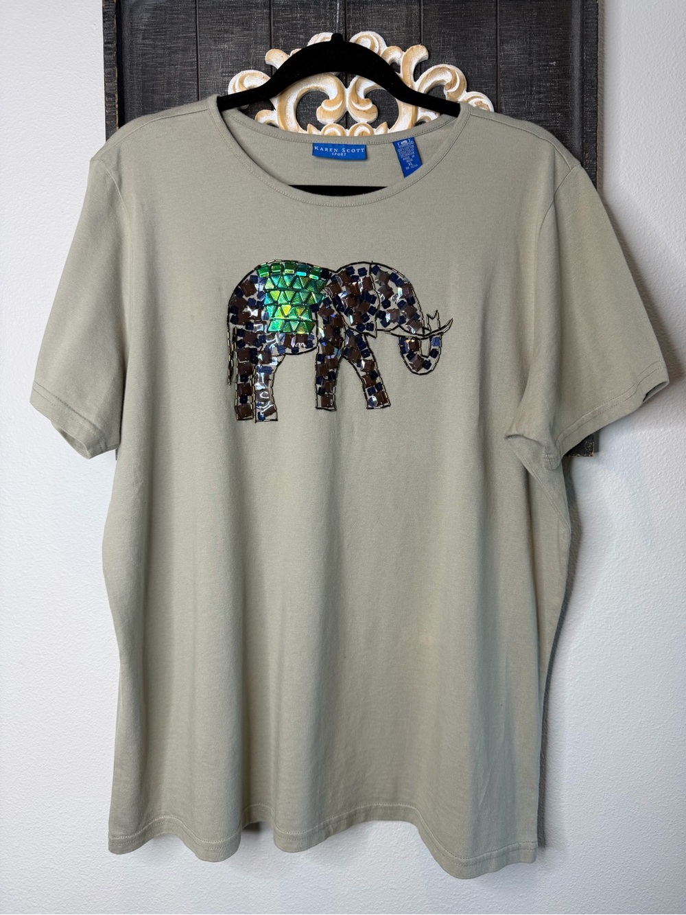 Karen Scott Sage Green Short Sleeve Tee with Sequin Elephant